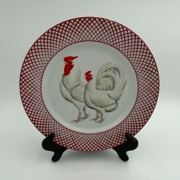 The Haldon Group Devonshire WHITE Rooster & Hen Dinner Plate Vintage Red & White - Picture 1 of 6
